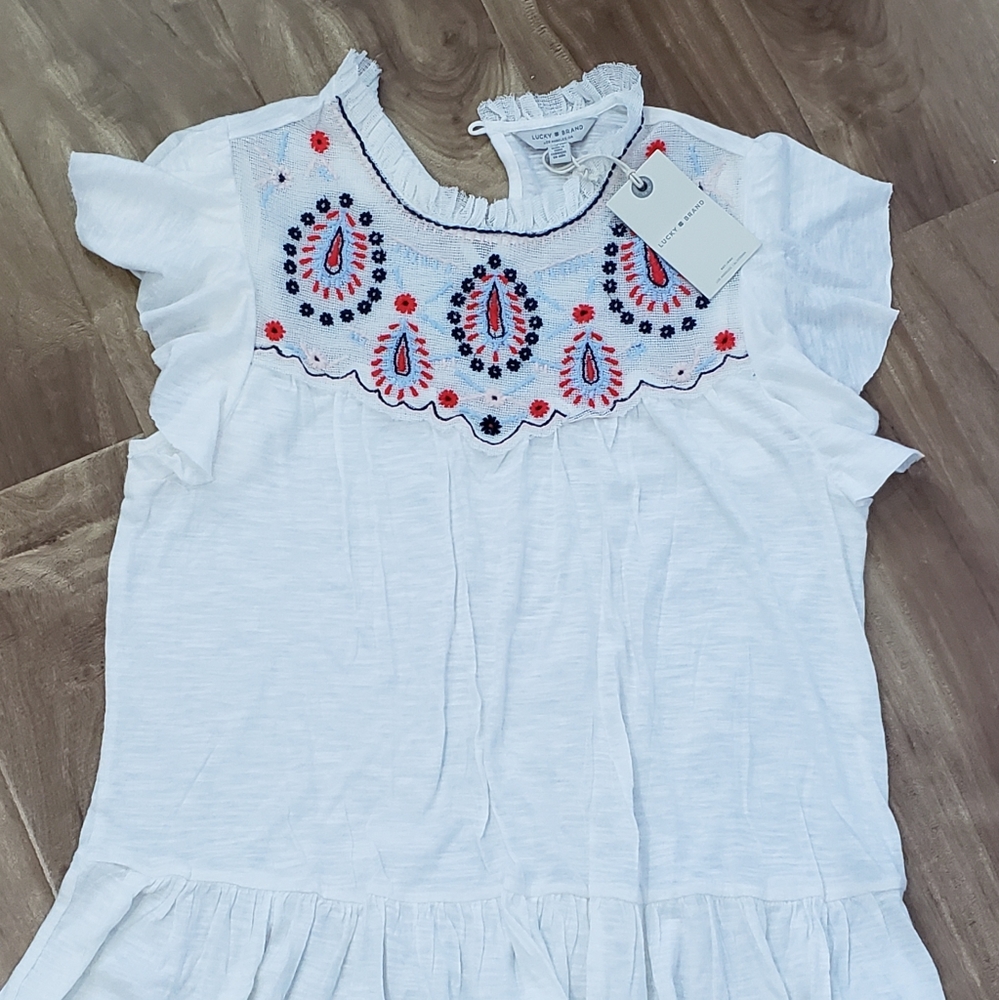 Lucky Brand Embroidered Yoke Ruffled Shirt - Short